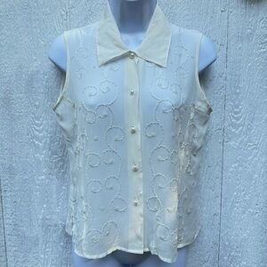NWT Vintage Gantos 100% Silk Beaded Pearl Buttons Sleeveless Sheer Blouse Top M